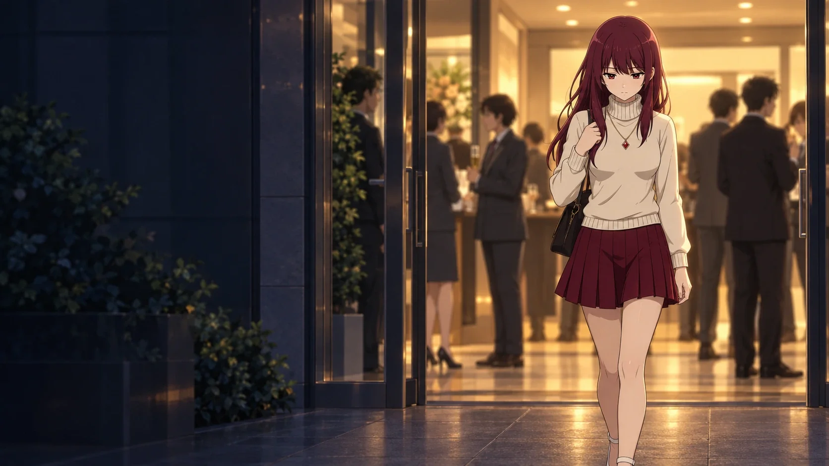 Liz, with burgundy hair, a cream sweater and a red skirt, walks out of a warm lobby into a dark doorway.