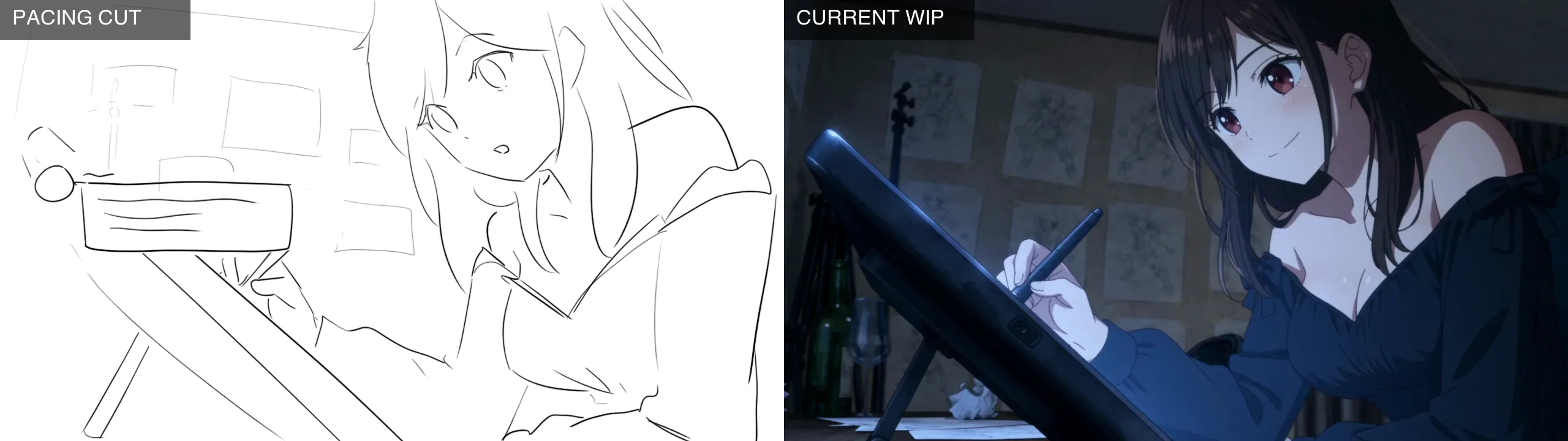Side-by-side comparison of Scene 2, Nozomi drawing during the livestream (pacing 02:53 / WIP 02:53)