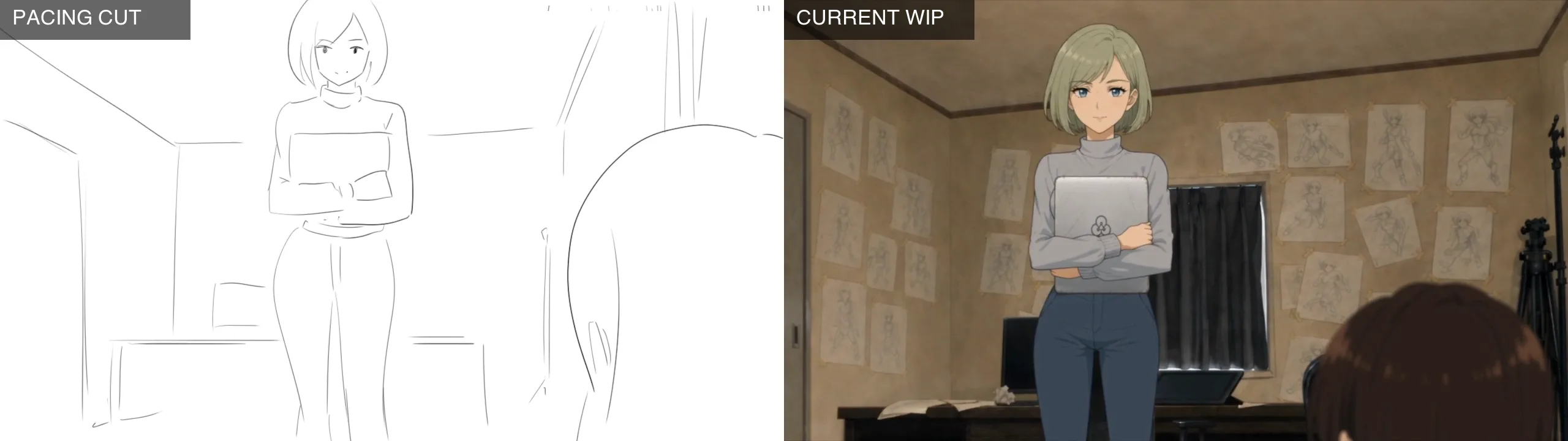 Side-by-side comparison of Scene 3, Mia brings in the laptop (pacing 03:20 / WIP 03:25)