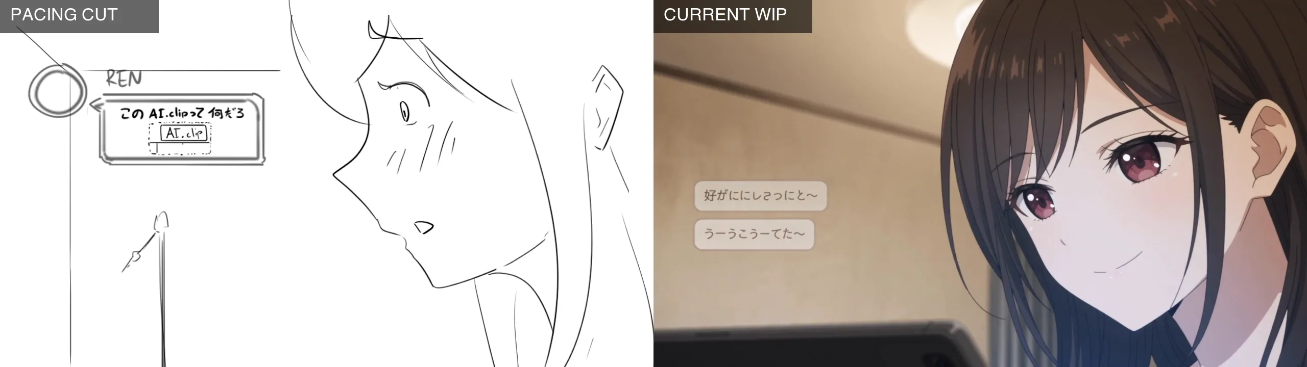 Side-by-side comparison of Scene 4, livestream reaction (pacing 04:40 / WIP 04:40)