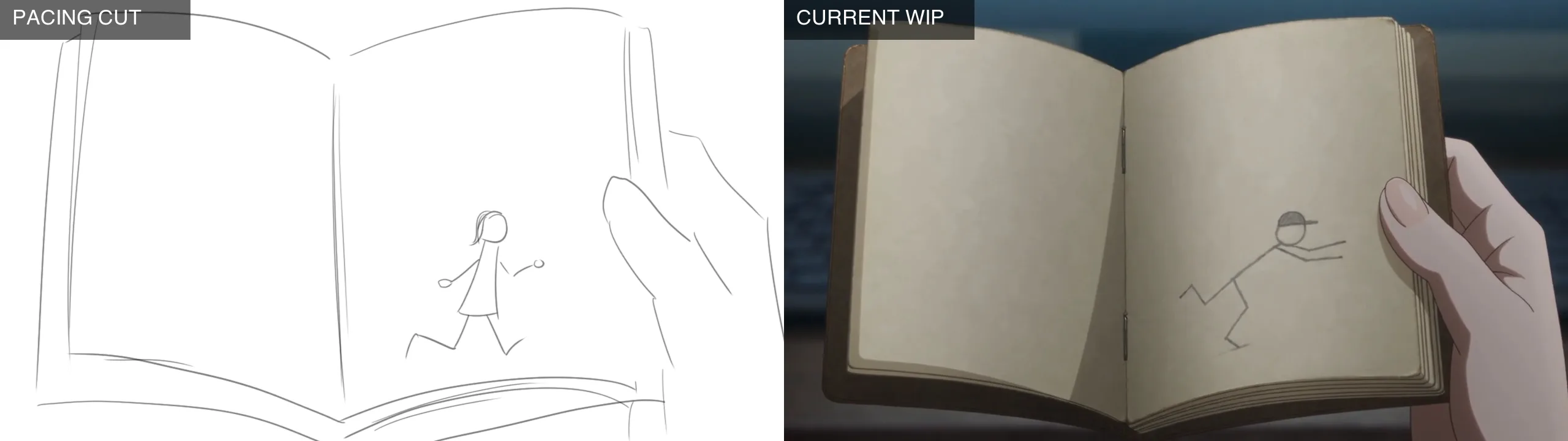 Side-by-side comparison of Scene 6, the father's flipbook (pacing 08:40 / WIP 08:20)